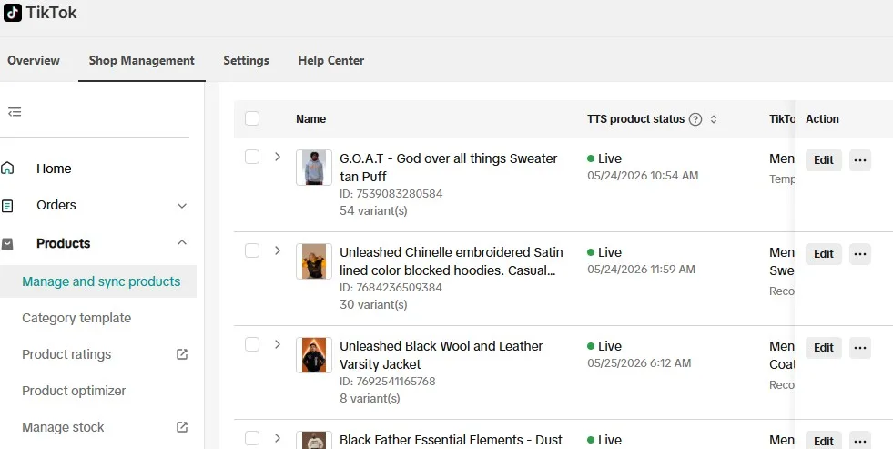 Unleashed Apparel TikTok Shop product listings